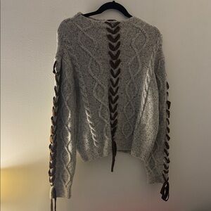 RD Style Gray Cable Knit Sweater with Brown Lace-Up